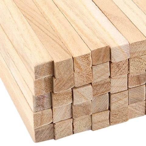 Top Shelf 60 Pack Of 1/2 By 12 Inch Unfinished Paulownia Square Dowel Rods, Super Smooth Wood Strips stacked for DIY crafts.