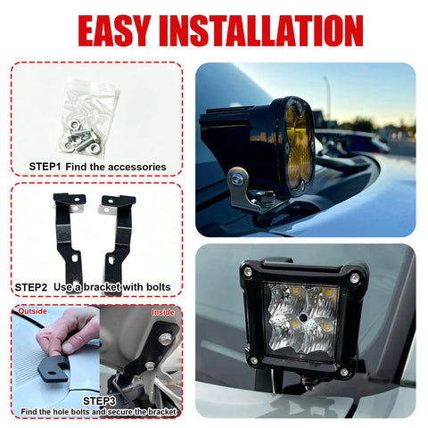 Upgrade Hood Hinge Ditch Light Mount Brackets For Toyota Tacoma 2016 To 2021 3rd Gen installation steps