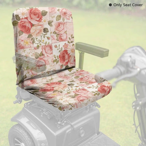 Cool Rose Flower Patchwork Seat Cover For Electric Wheelchair Or Mobility Scooter, durable polyester cover shown on a seat.