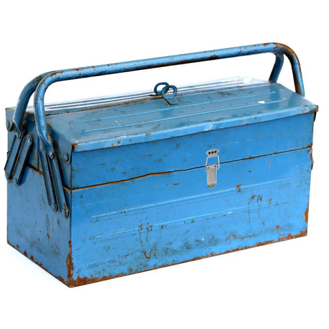 Blue toolbox with a Nickel Plated Iron Spring Duckbill Latch Set Four Pack For Toolboxes And Equipment Cases Cabinet Drawer Locks Quick Secure Locking Hardware For Doors And Storage Projects attached.
