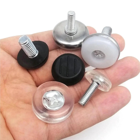 Hella Smooth Chair Leg Floor Savers 72 Piece Set Black And Clear Adjustable Glides displayed in a hand, showcasing different sizes and materials.