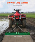 Heavy Duty Tow Behind Drag Harrow For ATV UTV Tractor And Lawn Care, 8 ft wide pull by red ATV on muddy field with 72 inch chain.