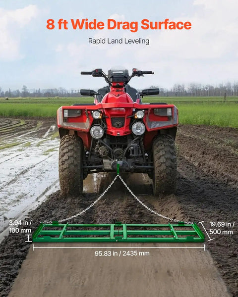 Heavy Duty Tow Behind Drag Harrow For ATV UTV Tractor And Lawn Care, 8 ft wide pull by red ATV on muddy field with 72 inch chain.