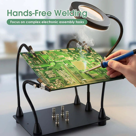 Pro Grade Helping Hands Soldering Station With Five X Magnifying Lamp And Four Flexible Arms PCB Holder No Slip Base in use