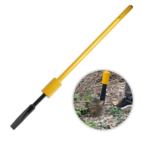 Heavy Duty Root Cutting Tool For Digging Through Tree Roots And Stumps Bamboo Root Cutter shown cutting a tree stump