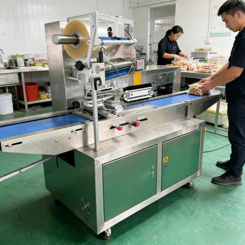 Sleek Compact Horizontal Flow Wrapper Shrink Wrap Sealer Featuring Dead Simple Setup And No Sweat Operation Packing Fifty To Eighty Units Per Minute For Deli Shops And Fresh Markets in a production setting.