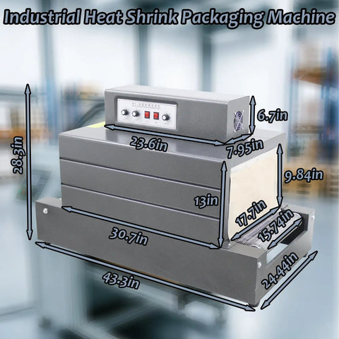 Industrially Grade INTSUPERMAI Heat Shrink Wrapping Machine With Quartz Far Infrared Heating Tubes for Tight PVC POF Film Packaging 17.7 By 9.84 Inches Working Table dimensions labeled on the machine.