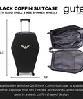 Coffin Shaped Carry On Luggage With Lock 26 Point 5 Inch Gothic Hard Shell Spinner Suitcase in black with bat logo, open and closed views