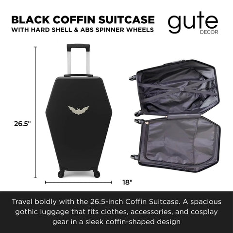 Coffin Shaped Carry On Luggage With Lock 26 Point 5 Inch Gothic Hard Shell Spinner Suitcase in black with bat logo, open and closed views