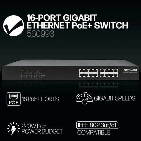 16 Port Gigabit PoE Plus Switch With 220W Budget, 30W Per Port, Auto Uplink, Plug And Play Rack Mount Ready, IEEE 802.3at Af Compliant