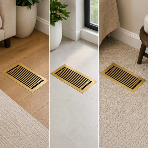 Durable Cast Aluminum Floor Register 4x10 Inlet With Walkable Surface Adjustable Louvers 6x12 Faceplate Gold Finish
