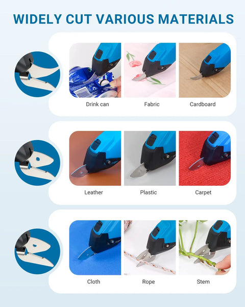Vloxo 4 Volt Cordless Electric Cardboard Cutter Scissors Rechargeable Box Opener cutting through various materials including cardboard and fabric.