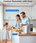 Family using Smart Countertop Ice Maker Portable Ice Machine With Self Cleaning Quick Ice In 6 Minutes 26 Lbs Per Day Voice Remote And App Control With Alexa Party Ready For Home Kitchen Camping Includes Ice Scoop Stainless Steel Silver on kitchen counter.