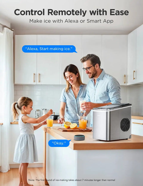 Family using Smart Countertop Ice Maker Portable Ice Machine With Self Cleaning Quick Ice In 6 Minutes 26 Lbs Per Day Voice Remote And App Control With Alexa Party Ready For Home Kitchen Camping Includes Ice Scoop Stainless Steel Silver on kitchen counter.
