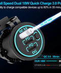 Heavy Duty 12V USB C Charger With PD 20W And 18W QC3 Waterproof Power Outlet showing QC 18W port and charge efficiency