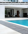 50 Pack Interlocking Drainage Mats 11.8 By 11.8 Inches Non Slip TPE Floor Tiles installed by pool deck