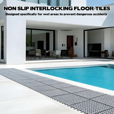 50 Pack Interlocking Drainage Mats 11.8 By 11.8 Inches Non Slip TPE Floor Tiles installed by pool deck