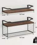 Floating Shelves With Wire Storage Basket Over Toilet Unit In Dark Brown Wood Wall Shelves For Bathroom Bedroom And Living Room With Protective Metal Guardrail And One Hand Easy Access Toilet Paper Organizer, shown with measurements and capacity.