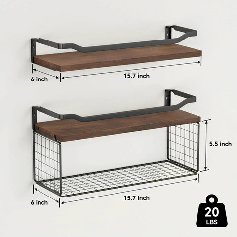 Floating Shelves With Wire Storage Basket Over Toilet Unit In Dark Brown Wood Wall Shelves For Bathroom Bedroom And Living Room With Protective Metal Guardrail And One Hand Easy Access Toilet Paper Organizer, shown with measurements and capacity.