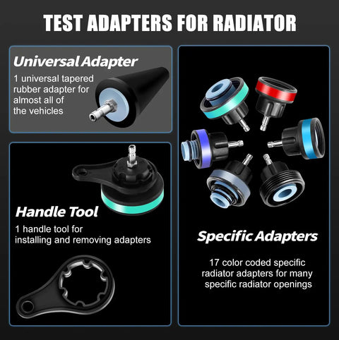 Shop Grade 28 Piece Radiator Pressure Leak Tester And Coolant Refill Tool With Universal Vacuum Adapters test adapters including universal and specific types.