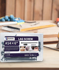 50 Pack Quarter X Six Inch Heavy Duty Lag Screws For Exterior Wood Construction Black Coated rust resistant screws in packaging.