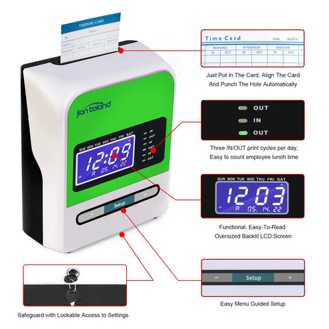 No Sweat Real Deal Employee Thermal Time Clock For Small Business Automatic Punch Terminal with oversized LCD and time card.