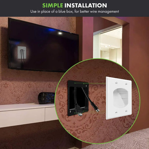 Secure Recessed Low Voltage Cable Wall Plate installed behind TV, showing HDMI cables pass through, 2 gang, white.