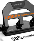 Black heavy duty 3 hole puncher with 40 sheet capacity, metal construction, 50 percent less effort lever, large tray, and paper guide.