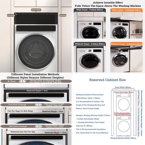 Diagram showing adjustable invisible clothes drying rack for trousers installation above washing machine with various panel options.
