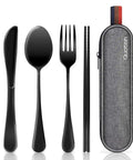 Portable Stainless Steel Travel Utensil Set With Case Reusable Fork And Spoon For Work Camping Picnics Lunch Box Dishwasher Safe Lightweight Black Cutlery Kit For Men