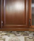 Installed Solid Zinc Alloy Kitchen Cabinet Pull Handle in Oil Rubbed Bronze on wooden cabinet doors, Simplicity Series Traditional design.