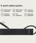Six Outlet Surge Protector Power Strip With Six Foot Long Heavy Duty Extension Cord 360 Degree Rotating Plug And 600 Joules Of Protection showing 6-point safety system