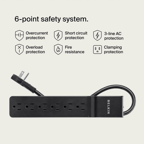 Six Outlet Surge Protector Power Strip With Six Foot Long Heavy Duty Extension Cord 360 Degree Rotating Plug And 600 Joules Of Protection showing 6-point safety system