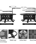 42 Inch 3 In 1 Fire Pit With Two Grills Lid And Tabletop showing adjustable swivel grates and stable legs design details