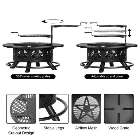 42 Inch 3 In 1 Fire Pit With Two Grills Lid And Tabletop showing adjustable swivel grates and stable legs design details