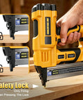 Heavy Duty Cordless Two In One Brad Nailer And Stapler Set for Woodworking, showing safety lock feature on tool.