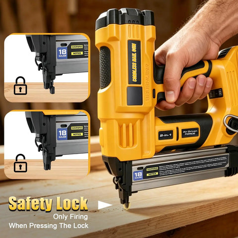 Heavy Duty Cordless Two In One Brad Nailer And Stapler Set for Woodworking, showing safety lock feature on tool.