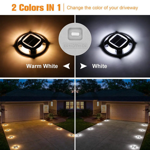 12 Pack Solar Deck Lights Dual Color White And Warm White illuminating driveway with toggle switch for color change