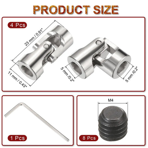 Beefy Four Piece 5mm To 5mm Universal Joint Shaft Couplings with screws and wrench for RC cars, boats, model drives, and drive shafts.