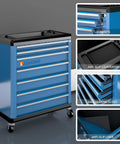 Heavy Duty Rolling Tool Chest With Seven Deep And Shallow Drawers Lockable Mobile Tool Cabinet On Swivel Wheels For Garage Organization Blue