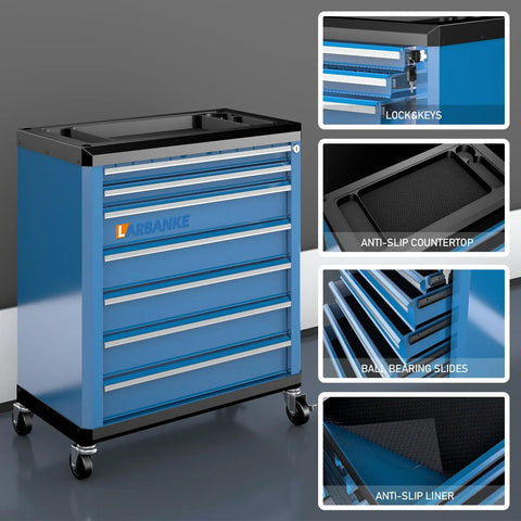 Heavy Duty Rolling Tool Chest With Seven Deep And Shallow Drawers Lockable Mobile Tool Cabinet On Swivel Wheels For Garage Organization Blue