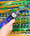 Person using All In One Optical Fiber Identifier With 10 mW VFL And 800 To 1700 Nanometers Fiber Detector, cables around