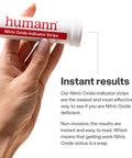 Hand holding tube of Nitric Oxide Indicator Strips For Salivary Nitrite Levels, No Fuss At Home Test Kit With 25 Strips
