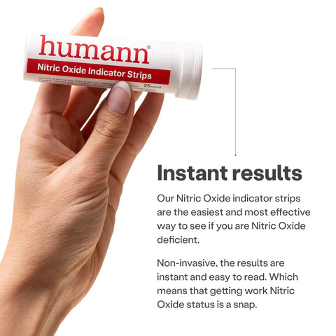 Hand holding tube of Nitric Oxide Indicator Strips For Salivary Nitrite Levels, No Fuss At Home Test Kit With 25 Strips