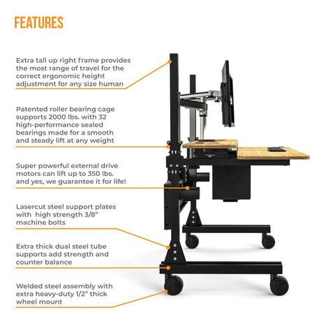 Smooth Bamboo Electric Standing Desk Riser 60 X 30 Inches With Motorized Lift And Easy Rolling Casters technical features profile view