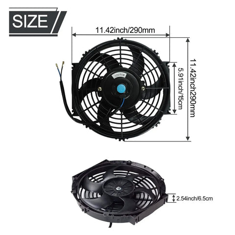 10 Inch Slim Dual Push Pull Radiator Cooling Fan Kit, 12V Universal Black With Mount Brackets dimensions shown