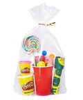 Clear Bottom Gusset Cellophane Gift Bags 10x14 Inches with toys inside, gold twist tie at top, standing on white background