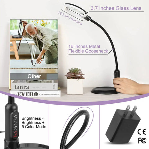 2 In 1 LED Magnifying Glass With Light And Stand For Crafting Hands Free Desk Clamp Lamp, 3.7in glass lens, 16in gooseneck, black