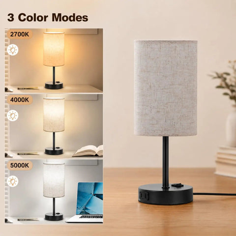 Set Of 2 Bedside Table Lamps For Bedroom And Living Room With 3 Way Dimmable Rocker Switch And Built In AC Outlet Flaxen Fabric Shade Black Base Nightstand And Desk Lamp For Cozy Home Decor showing 3 color modes