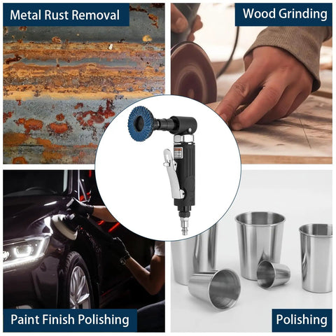 Heavy Duty Right Angle Air Die Grinder Delivers 20K RPM Torque With 22 Pc Roll Lock Sanding Disc Bundle For Knockout Tight Space Metal Job Smooth As Butter in use for metal rust removal and polishing.
